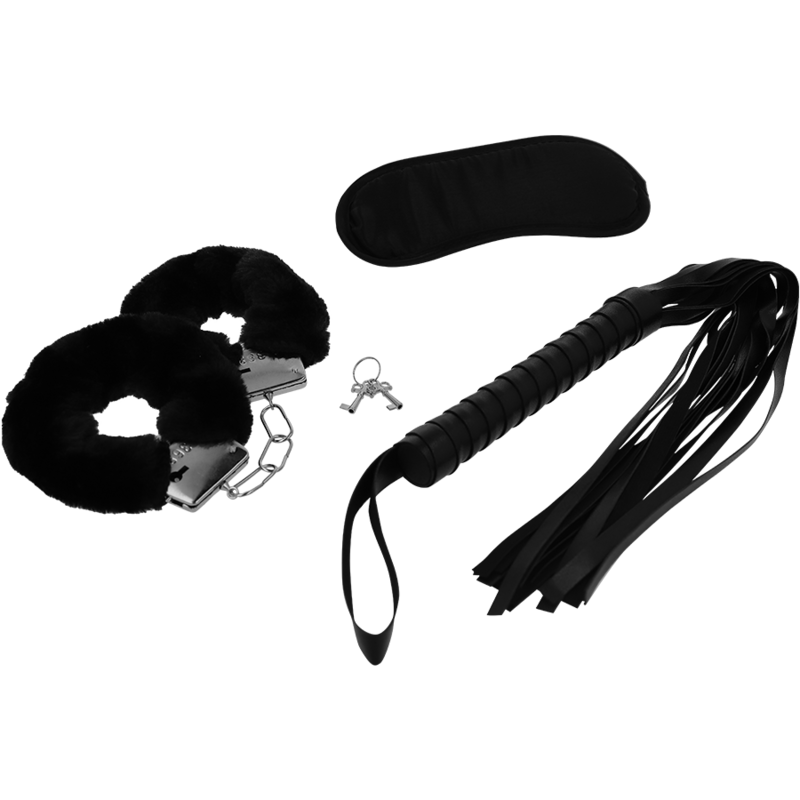 Conjunto Erótico Fetish - INTENSE (1 par de algemas, Máscara e chicote de Couro Vegano)