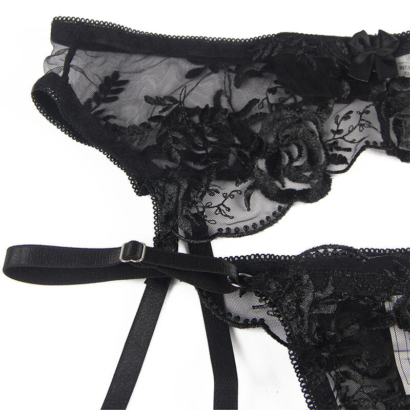 Lingerie conjunto de 3 peças - Soutien + Tanga + cinto de Ligas - Estampado floral preto - SUBBLIME
