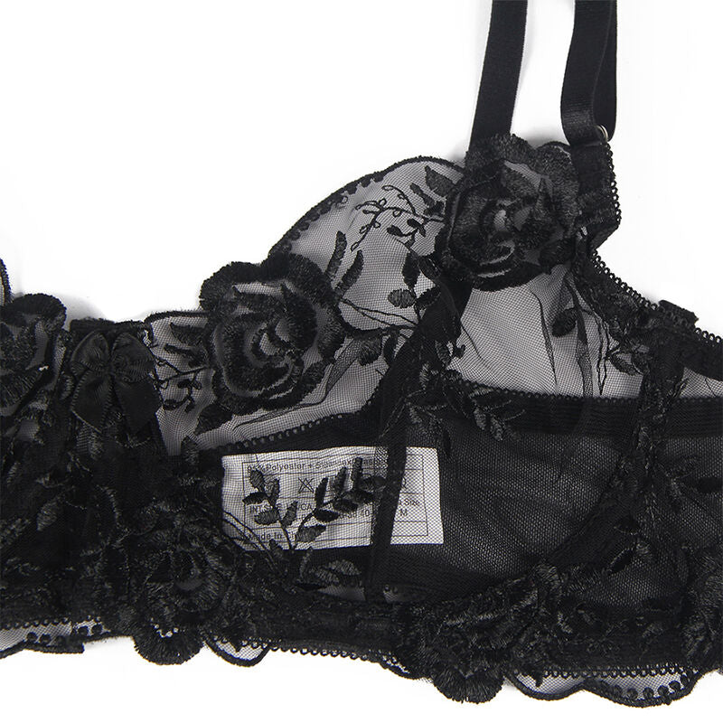 Lingerie conjunto de 3 peças - Soutien + Tanga + cinto de Ligas - Estampado floral preto - SUBBLIME