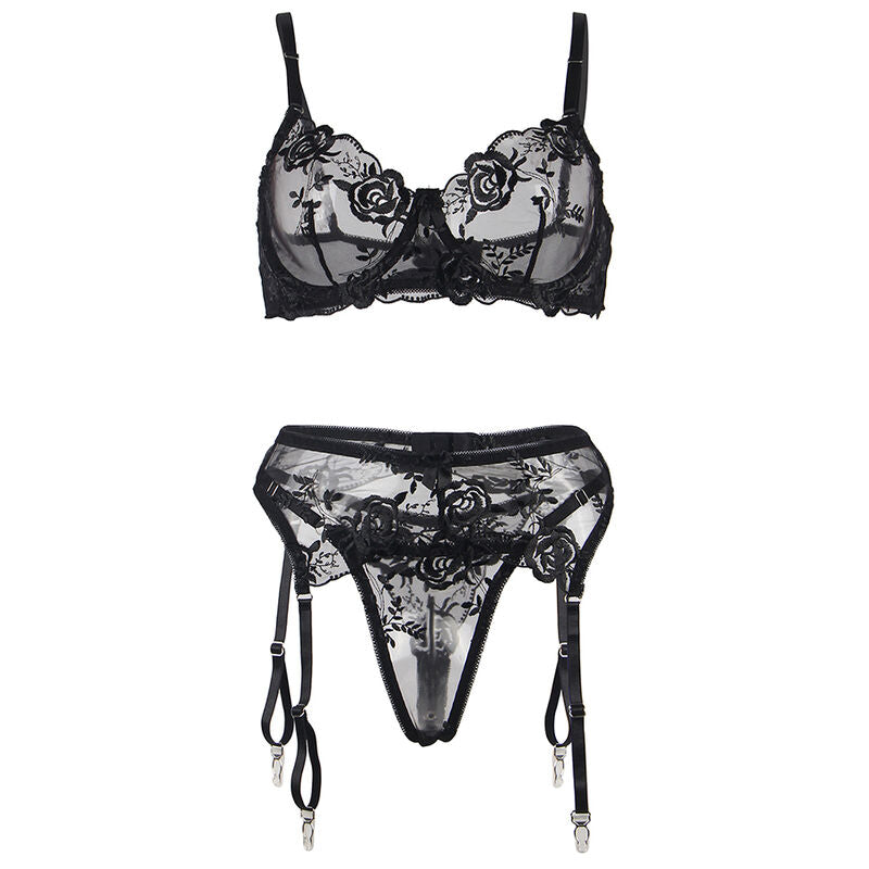 Lingerie conjunto de 3 peças - Soutien + Tanga + cinto de Ligas - Estampado floral preto - SUBBLIME
