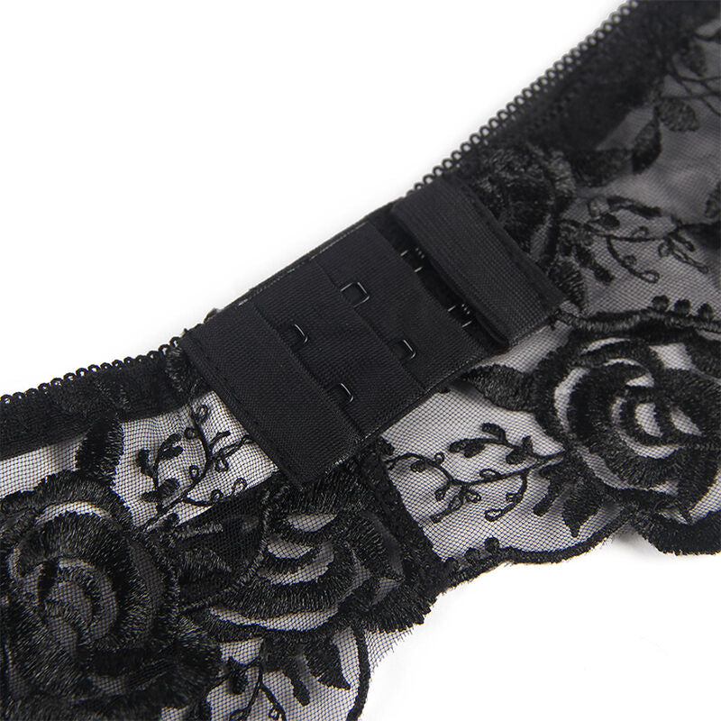 Lingerie conjunto de 3 peças - Soutien + Tanga + cinto de Ligas - Estampado floral preto - SUBBLIME