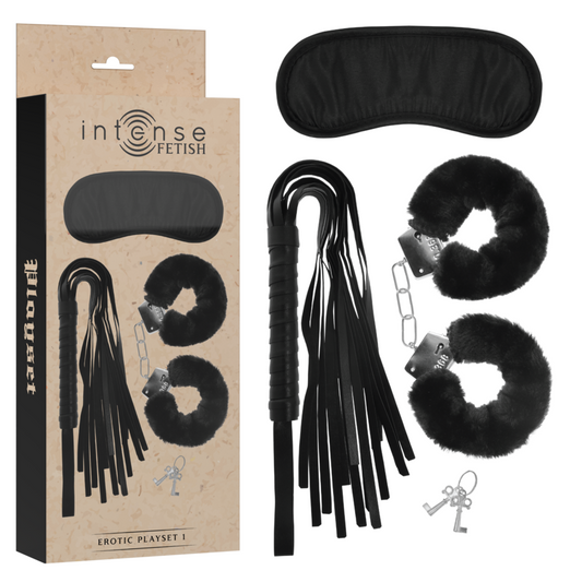Conjunto Erótico Fetish - INTENSE (1 par de algemas, Máscara e chicote de Couro Vegano)