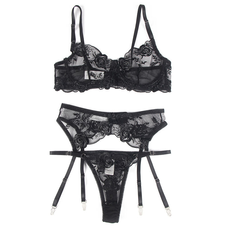 Lingerie conjunto de 3 peças - Soutien + Tanga + cinto de Ligas - Estampado floral preto - SUBBLIME